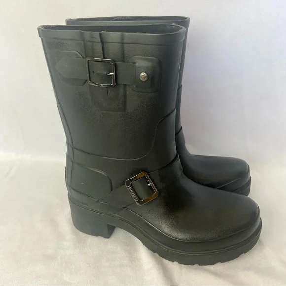 Hunter Original Rubber Biker Rain Boots - Black Size 6 - Picture 8 of 16